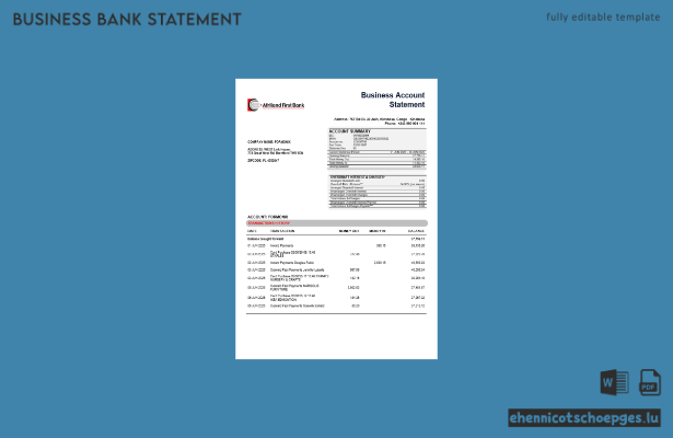 Congo Afriland First Bank Geschäftskontoauszug (Word- und PDF-Format, Beispielvorschau)